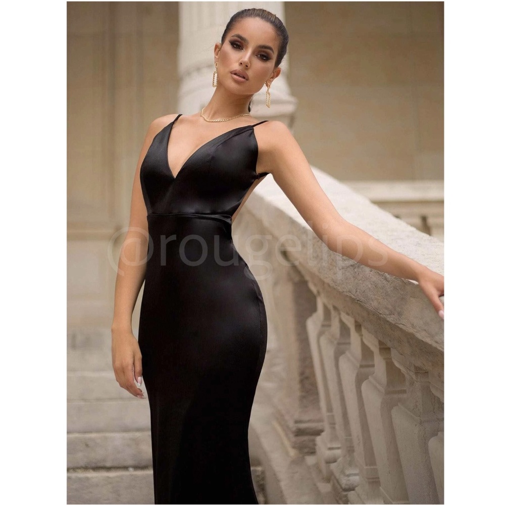 Black Deep V Neck Backless Ruched Long Slip Sheath Dress Evening Gown Prom - Picture 3 of 16